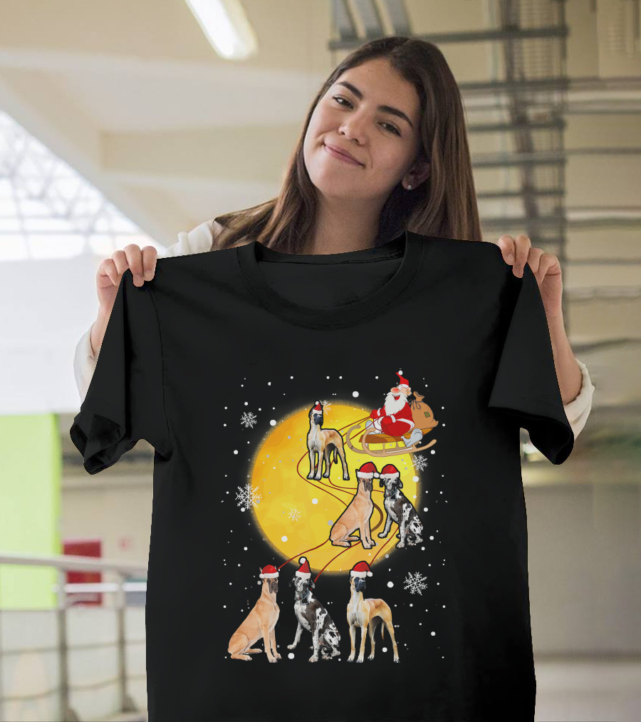 Santa Claus Sleigh Great Dane Reindeer Pack Moon Snowflakes T-Shirt
