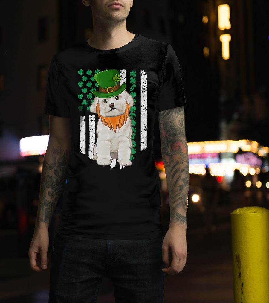 Maltese Dog With Leprechaun Hat And Shamrocks On Irish American Flag For St Patrick's Day T-Shirt