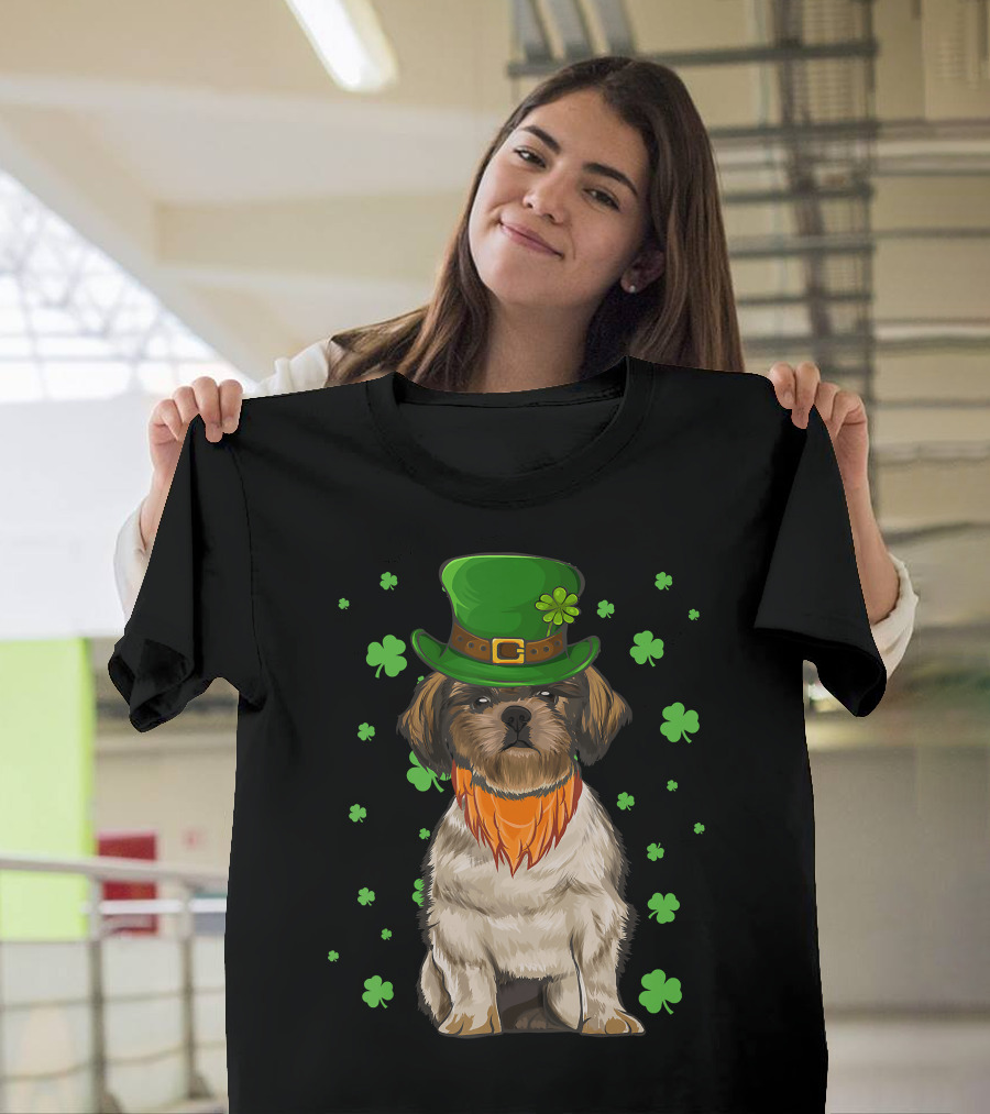 St Patricks Day Shih Tzu Dog with Green Hat and Shamrocks T-Shirt