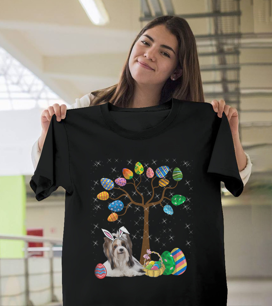 Shih Tzu Dog With Easter Egg Tree And Basket Hunt Day T-Shirt