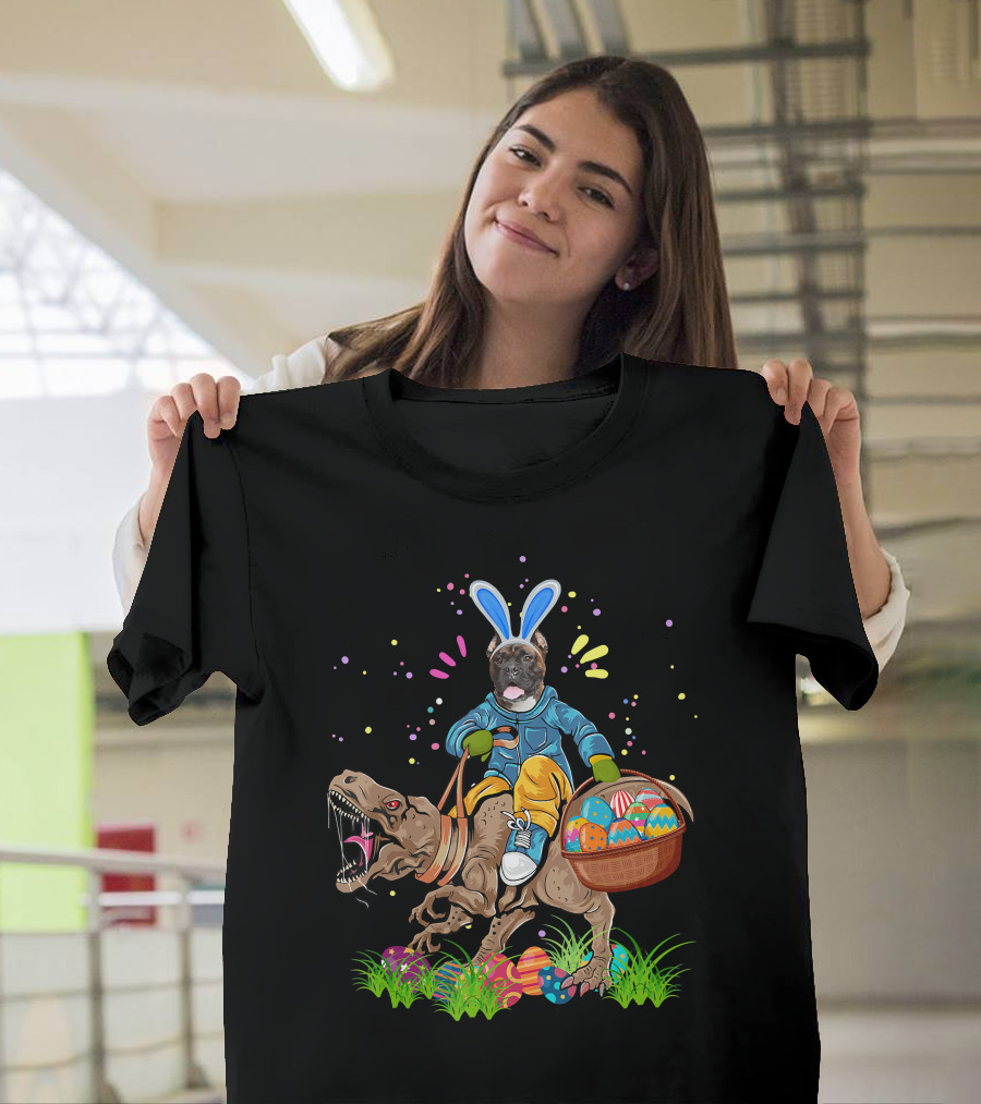 Bunny Boxer Dog Riding Rex Dinosaur With Easter Eggs Basket T-Shirt