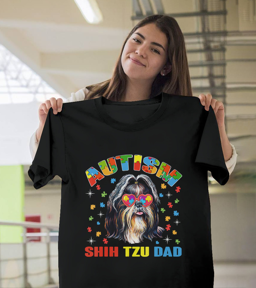 Autism Awareness Cute Shih Tzu Dog Dad With Puzzle Heart Glasses T-Shirt