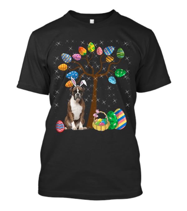 Boxer Dog With Easter Egg Tree And Bunny Ears For Easter Day T-Shirt