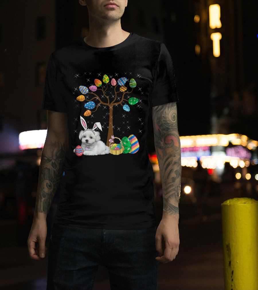 Maltese Dog With Bunny Ears Hunting Easter Eggs On Egg Tree T-Shirt