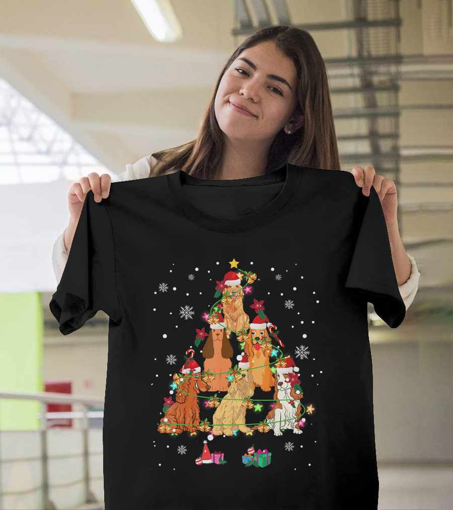 Cocker Spaniel Christmas Tree with Santa Hats and Snowflakes T-Shirt