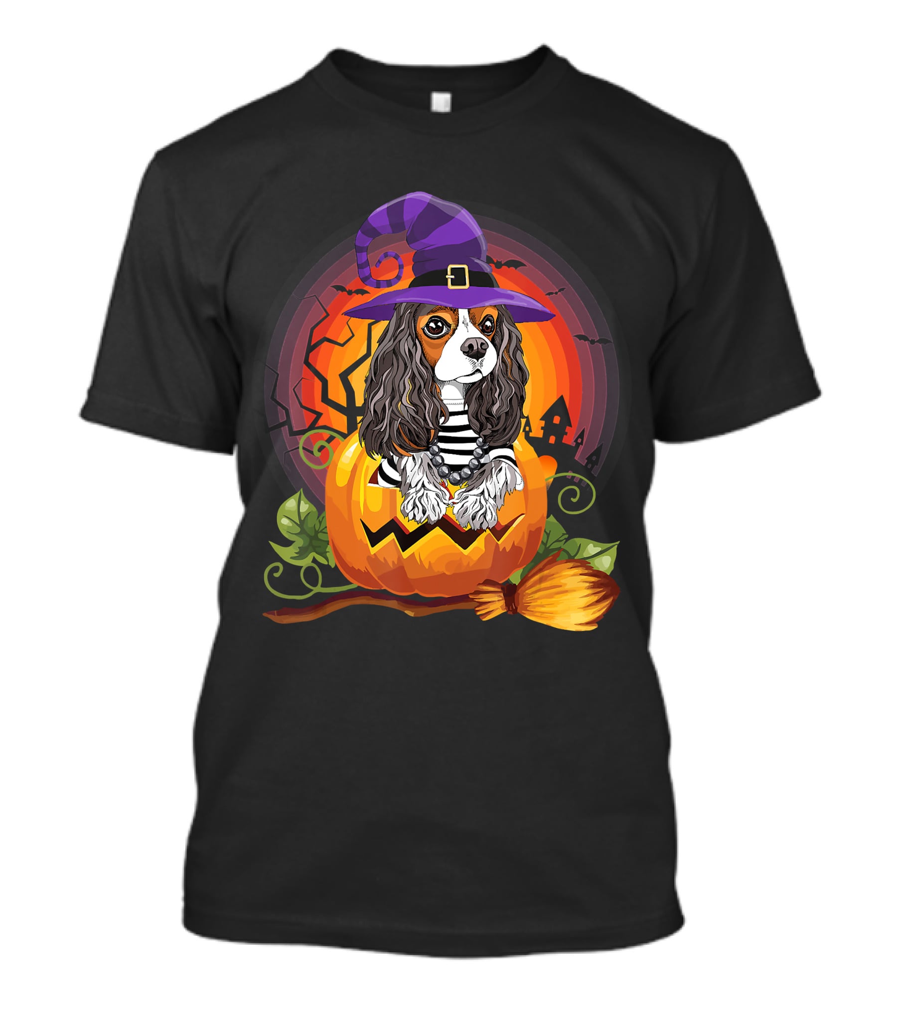 Cavalier Witch Dog In Pumpkin Halloween Scene T-Shirt