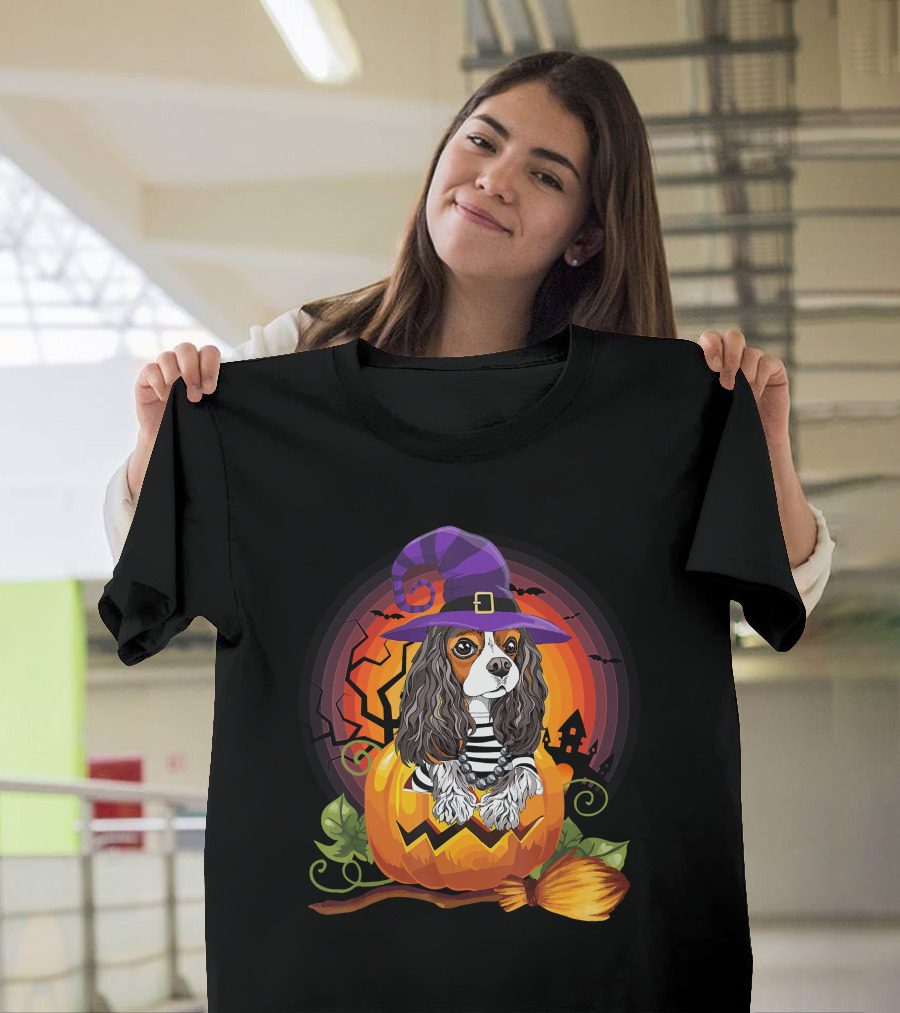 Cavalier Witch Dog In Pumpkin Halloween Scene T-Shirt