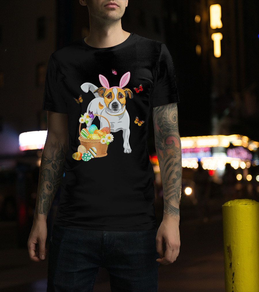 Cutes Jack Russell Bunny Ear With Butterflies And Easter Eggs In Basket T-Shirt