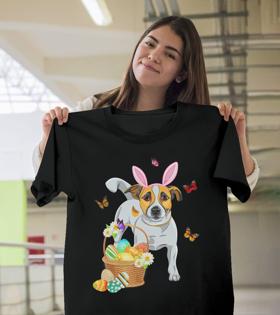 Cutes Jack Russell Bunny Ear With Butterflies And Easter Eggs In Basket T-Shirt