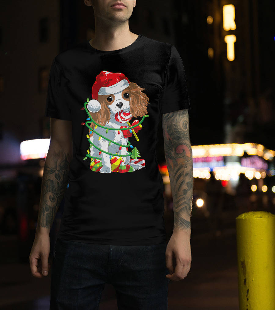 Cute Cavalier King Charles Spaniel Dog In Santa Hat With Christmas Lights And Candy Cane T-Shirt