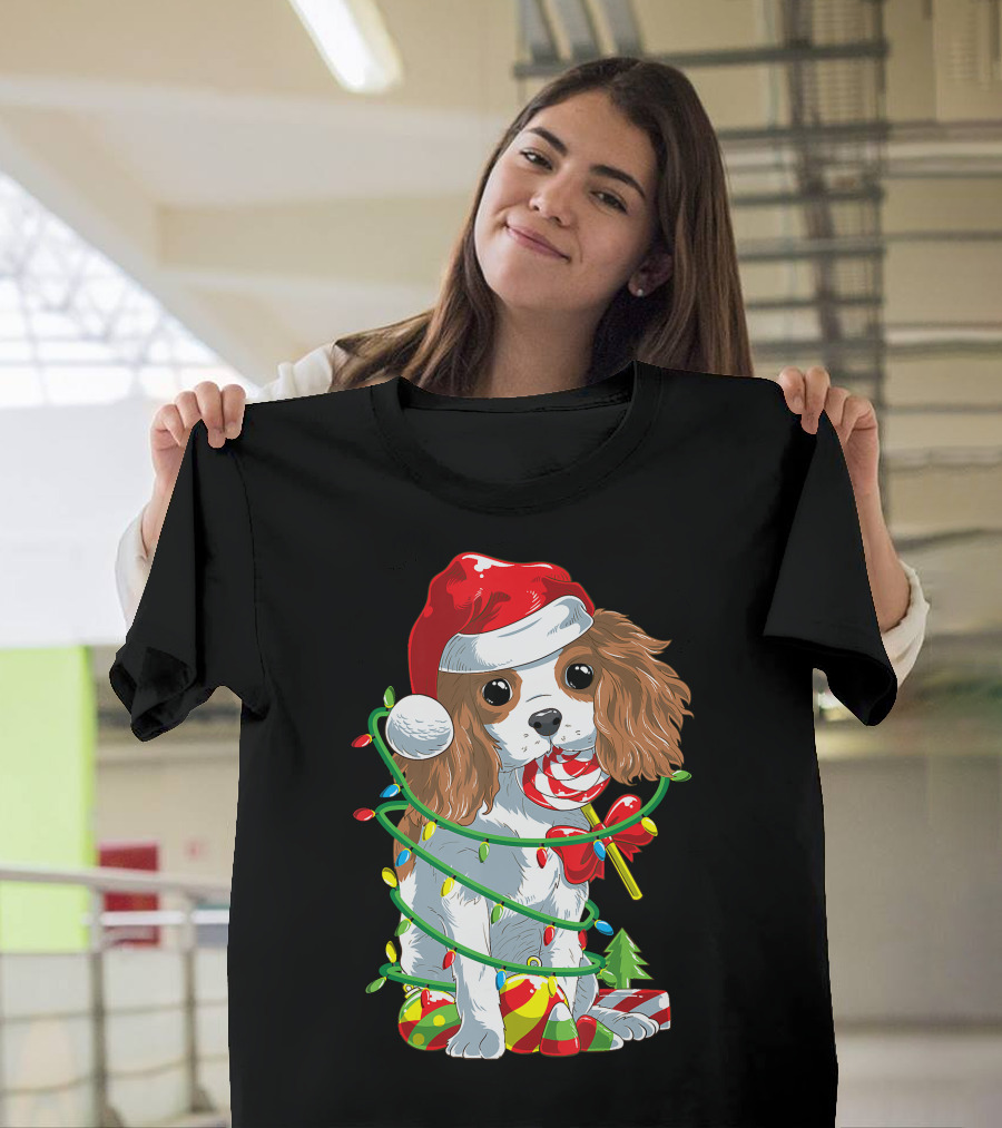 Cute Cavalier King Charles Spaniel Dog In Santa Hat With Christmas Lights And Candy Cane T-Shirt