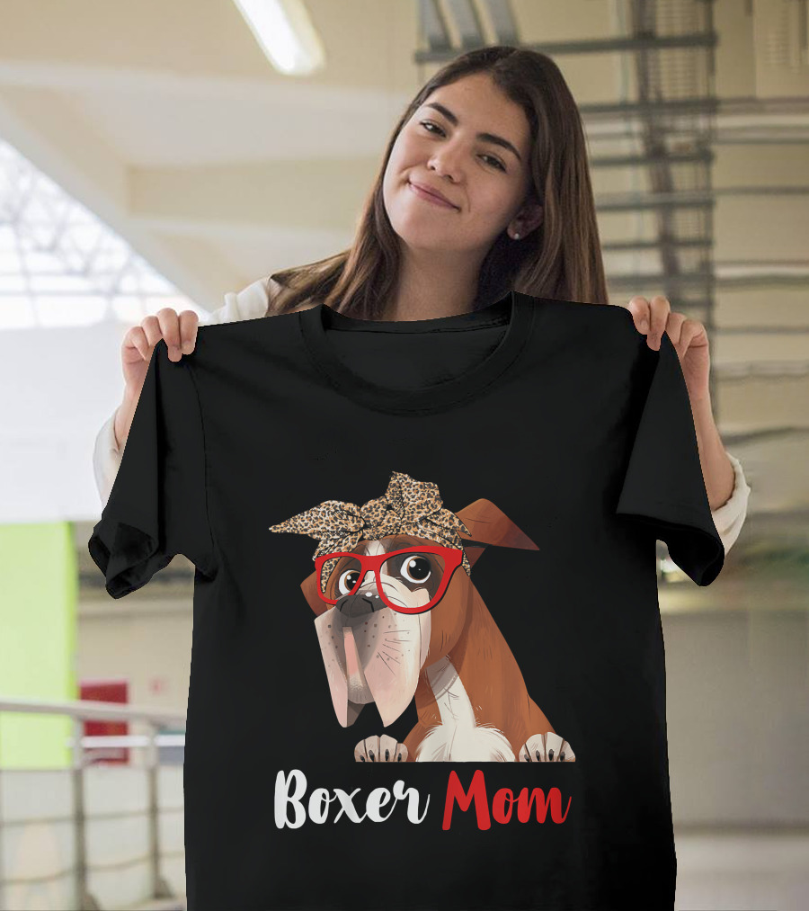 Boxer Mom with Red Glasses and Leopard Headband for Dog Lovers T-Shirt