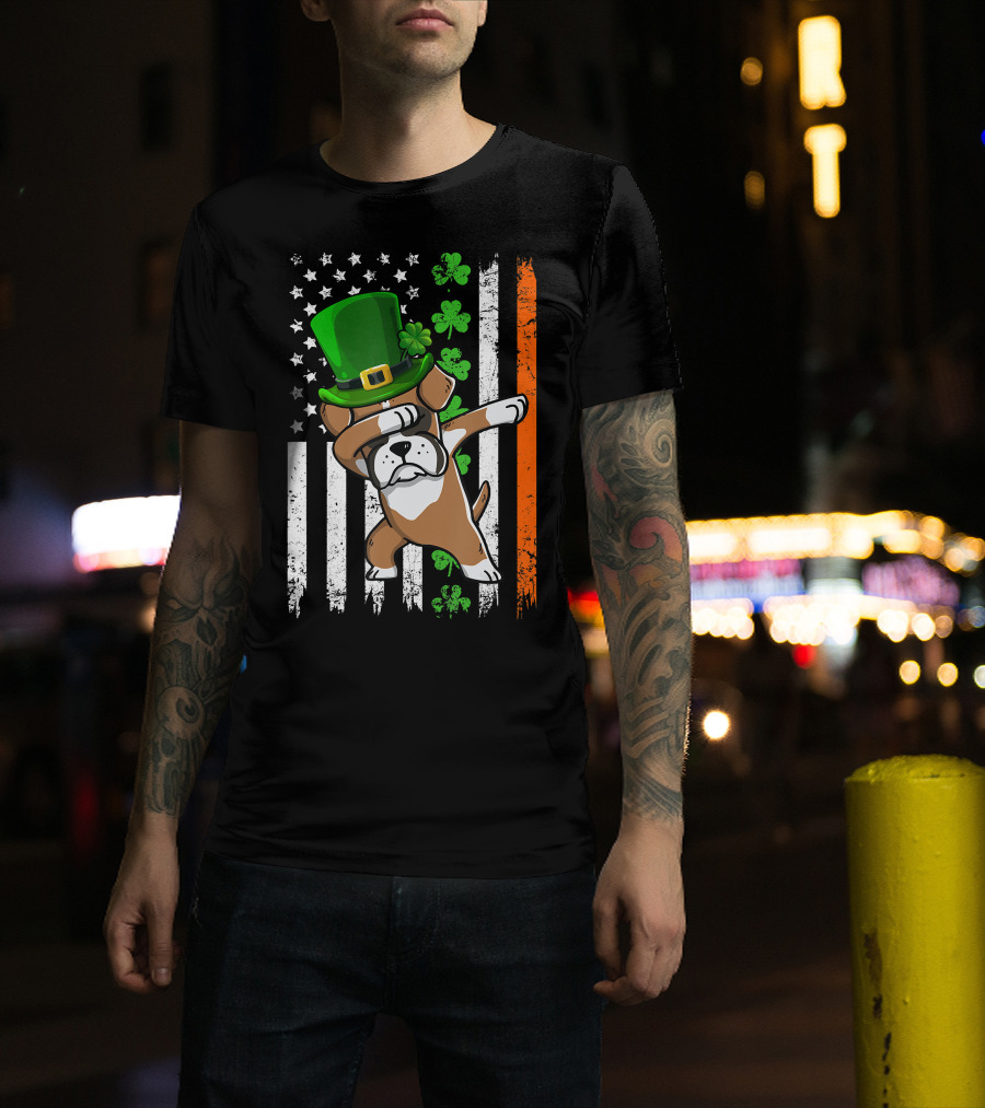 Dabbing Boxer Dog Leprechaun Hat American Irish Flag T-Shirt