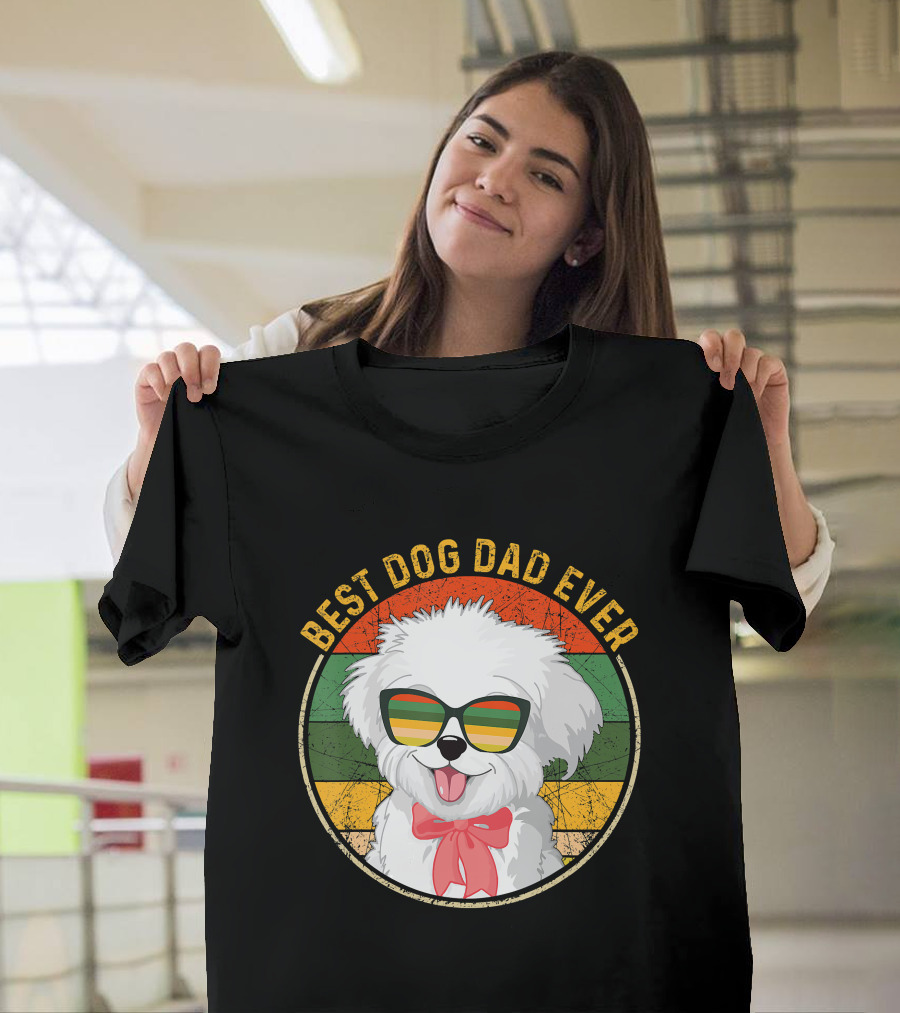Best Dog Dad Ever Retro Vintage Maltese Sunglasses T-Shirt
