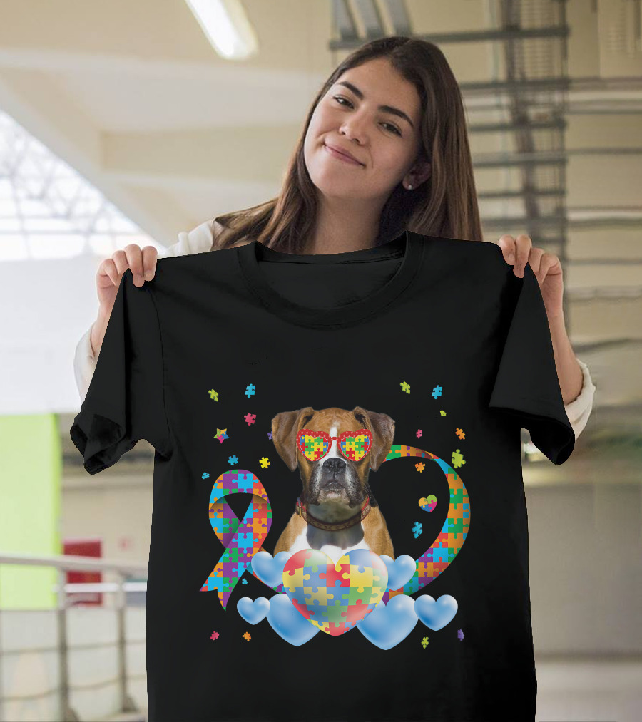 Boxer Dog Autism Awareness Heart Puzzle Ribbon Rainbow T-Shirt