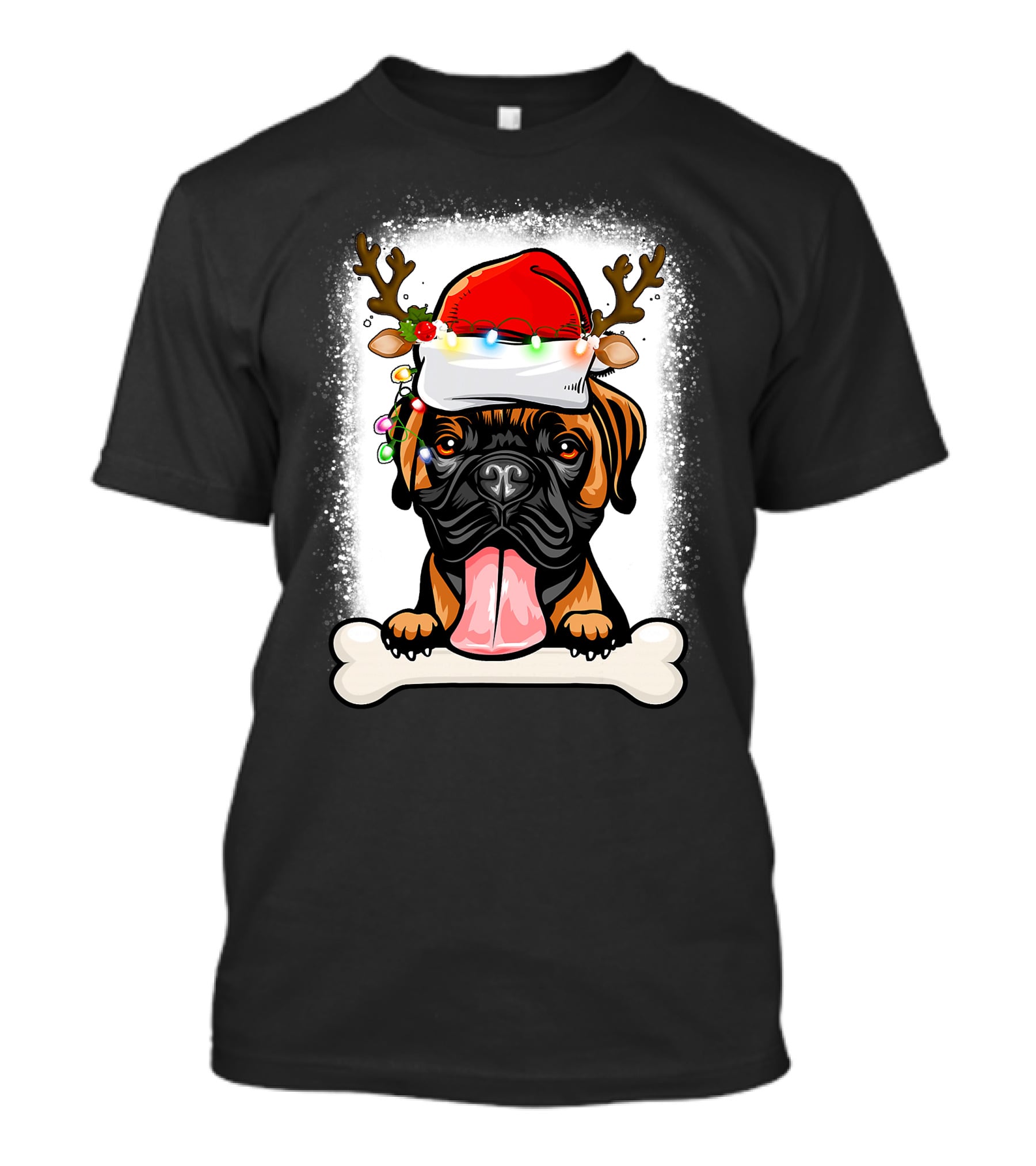 Boxer Dog With Santa Hat And Antlers Holding A Bone With Christmas Lights T-Shirt