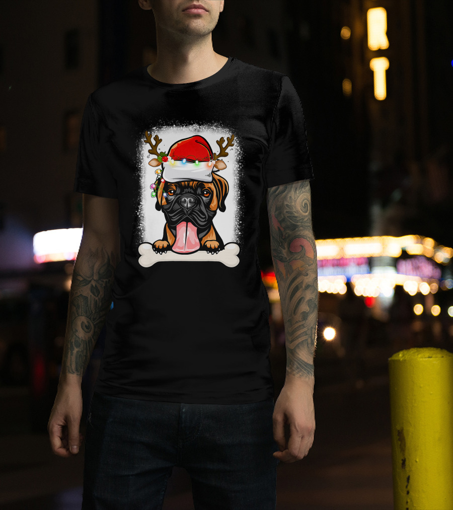 Boxer Dog With Santa Hat And Antlers Holding A Bone With Christmas Lights T-Shirt
