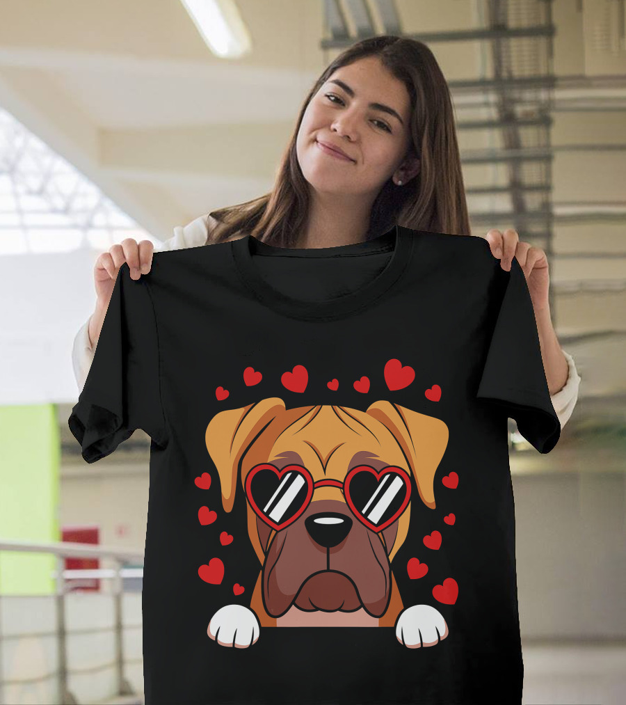 Boxer Dog Face With Red Heart Glasses Surrounded By Floating Hearts T-Shirt