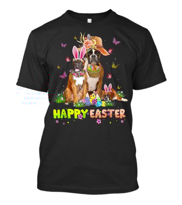 Happy Easter Boxer Dogs Bunny Ears Eggs And Butterflies T-Shirt