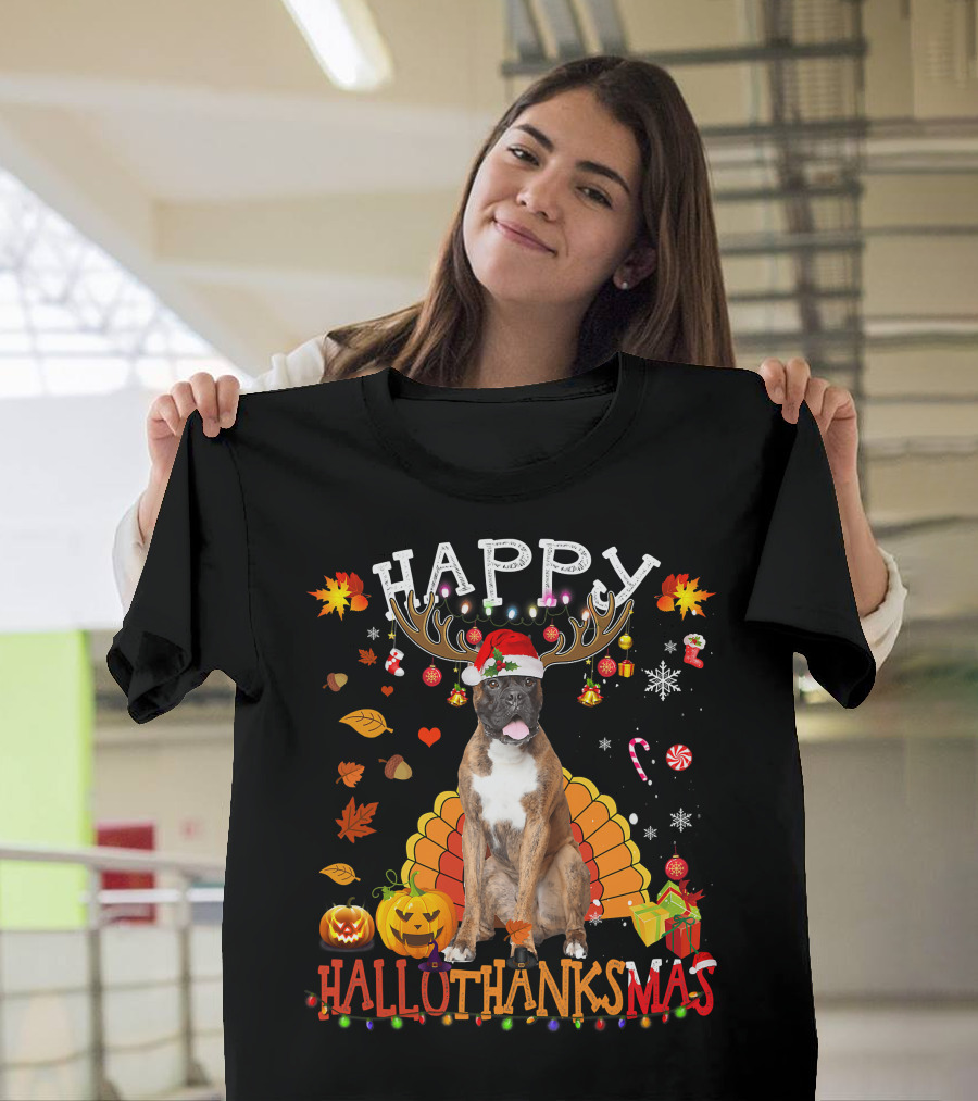Happy Hallothanksmas Boxer Dog Halloween Turkey Christmas Lights T-Shirt