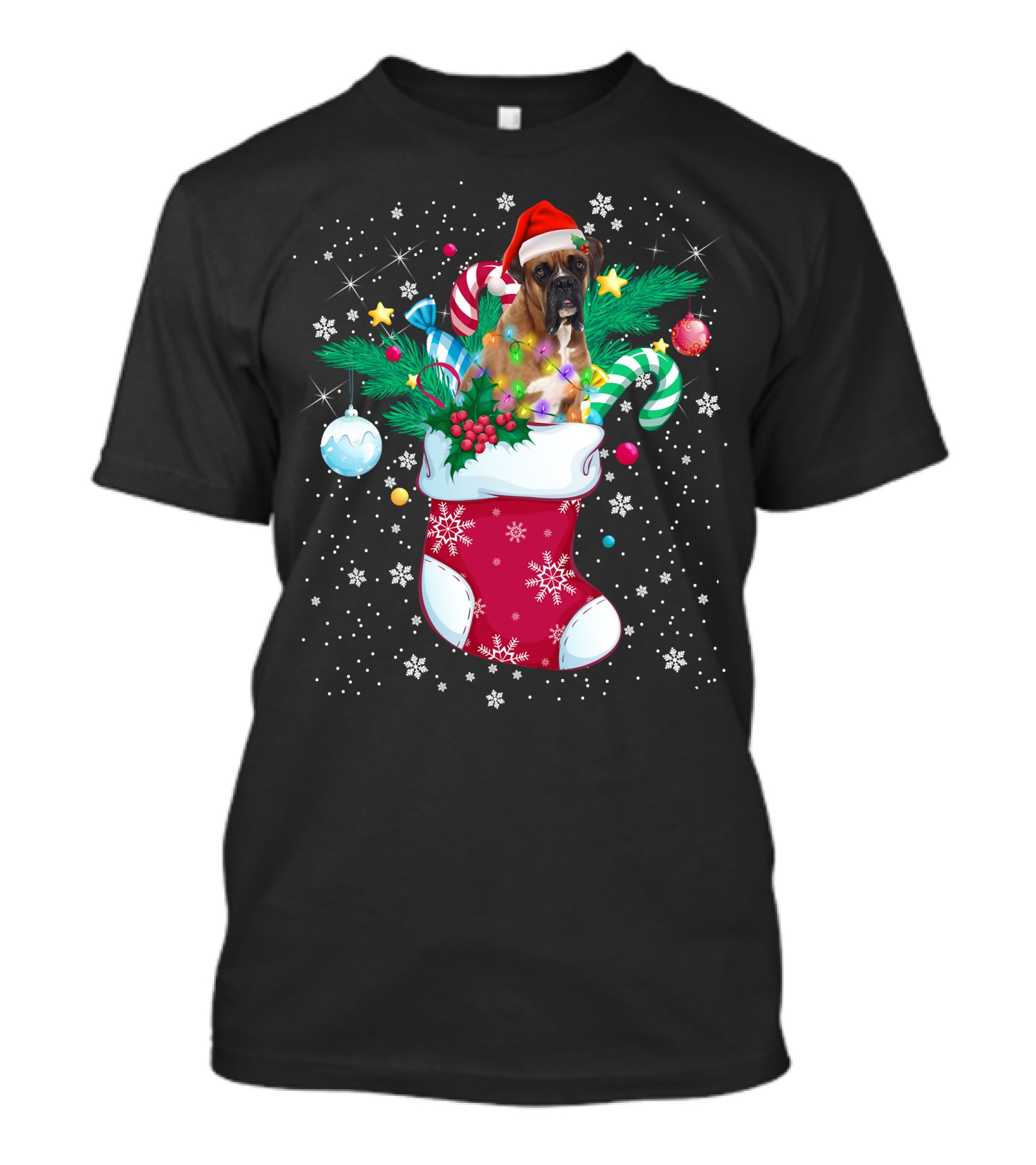 Boxer Dog In Santa Hat With Candy Canes In Christmas Stocking T-Shirt