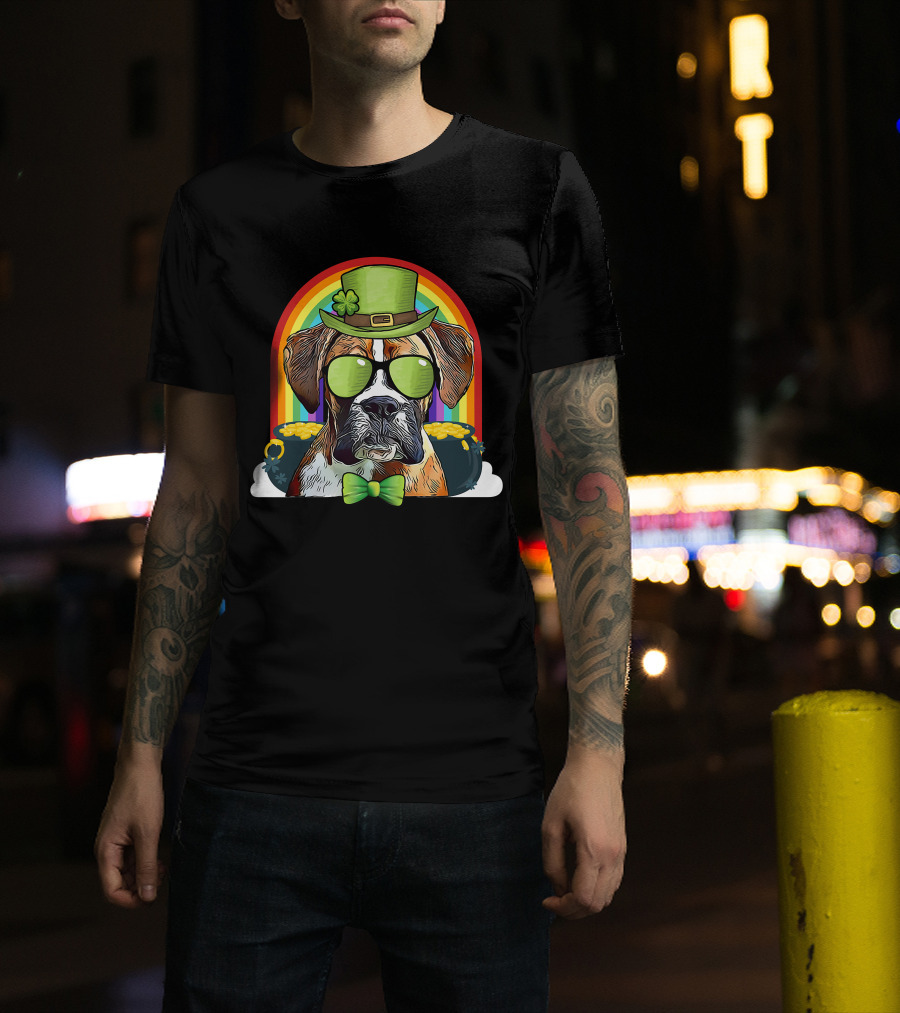 Boxer Dog Leprechaun Funny St Patricks Rainbow Hat Bow Tie Shamrocks T-Shirt