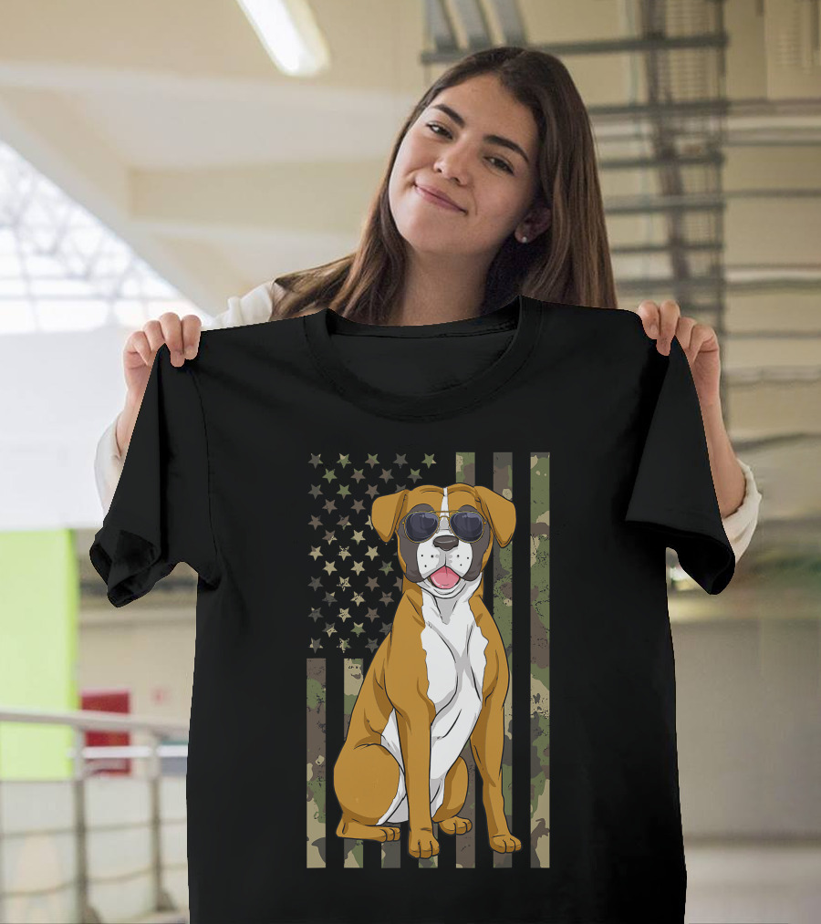 Boxer Dog Men Women Boxer Dad Mom Camo USA Flag Sunglasses T-Shirt