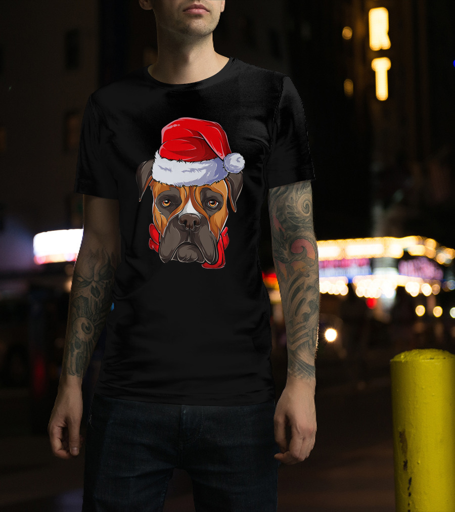 Boxer Dog Santa Hat Christmas Girls T-Shirt