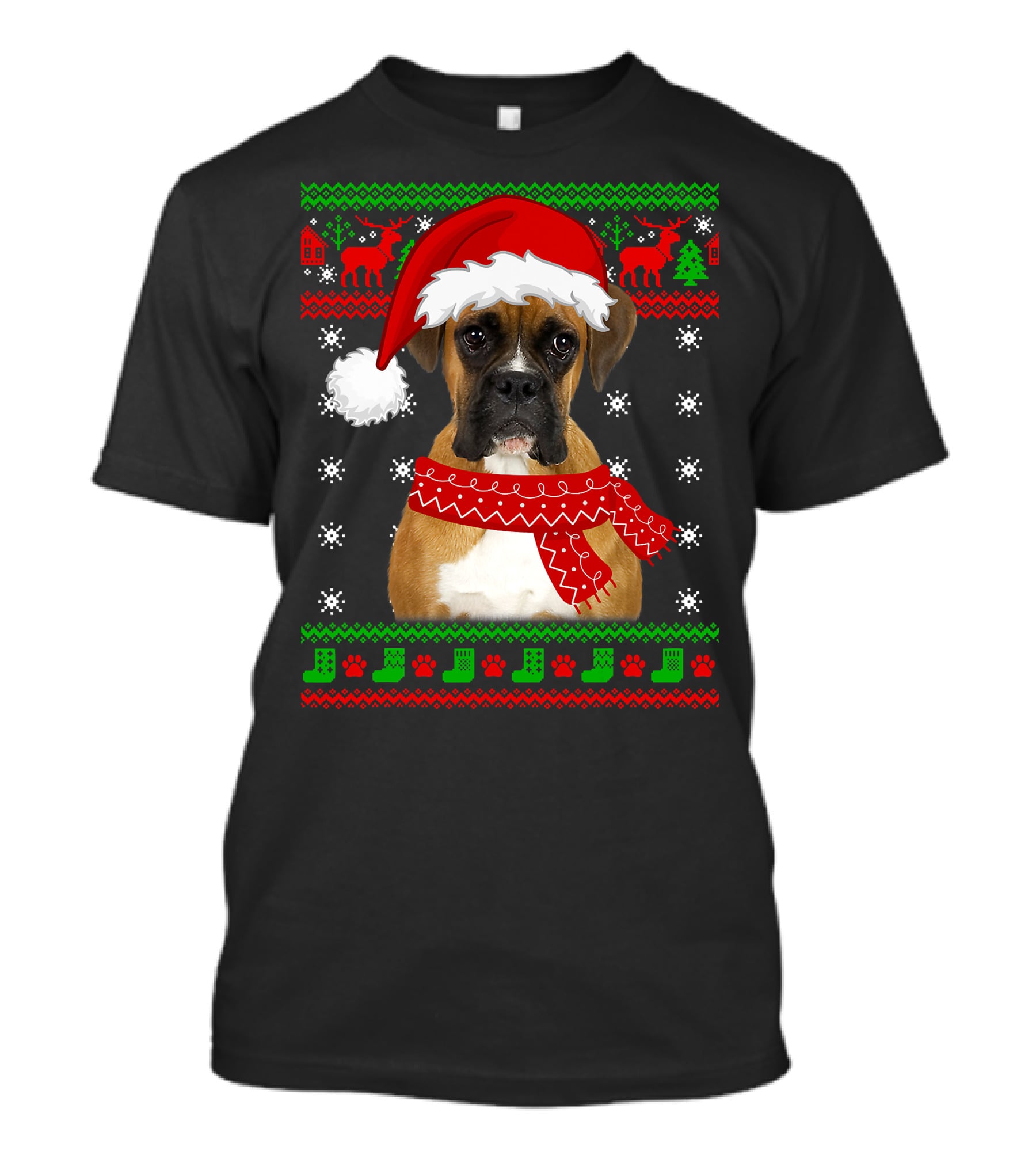 Boxer Dog Christmas Puppy Ugly Sweater Santa Hat Reindeer Snowflakes T-Shirt