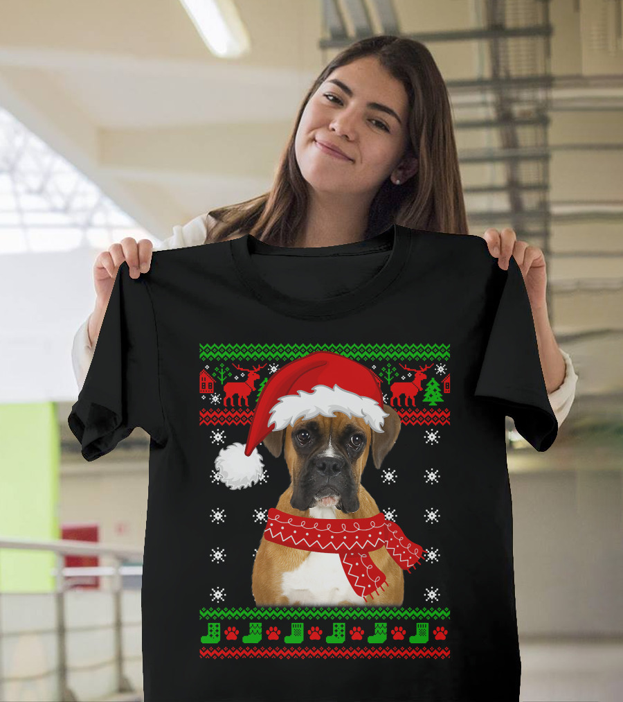 Boxer Dog Christmas Puppy Ugly Sweater Santa Hat Reindeer Snowflakes T-Shirt