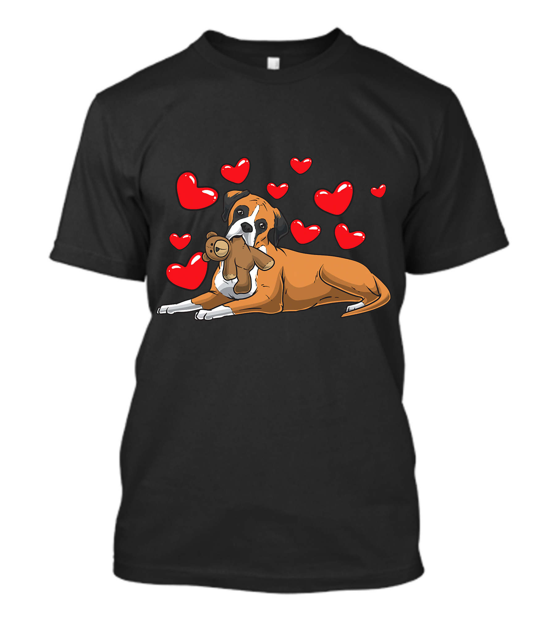 Boxer Dog Cuddling Teddy Bear Surrounded By Red Hearts T-Shirt