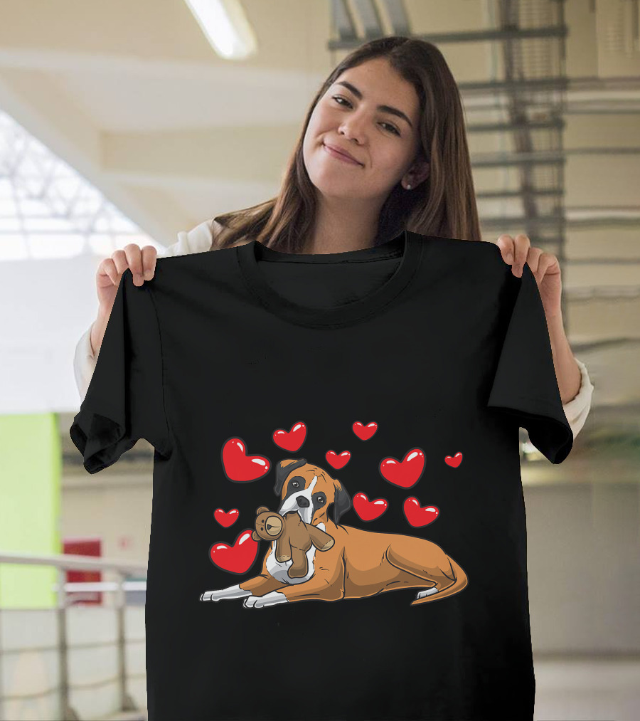 Boxer Dog Cuddling Teddy Bear Surrounded by Red Hearts T-Shirt