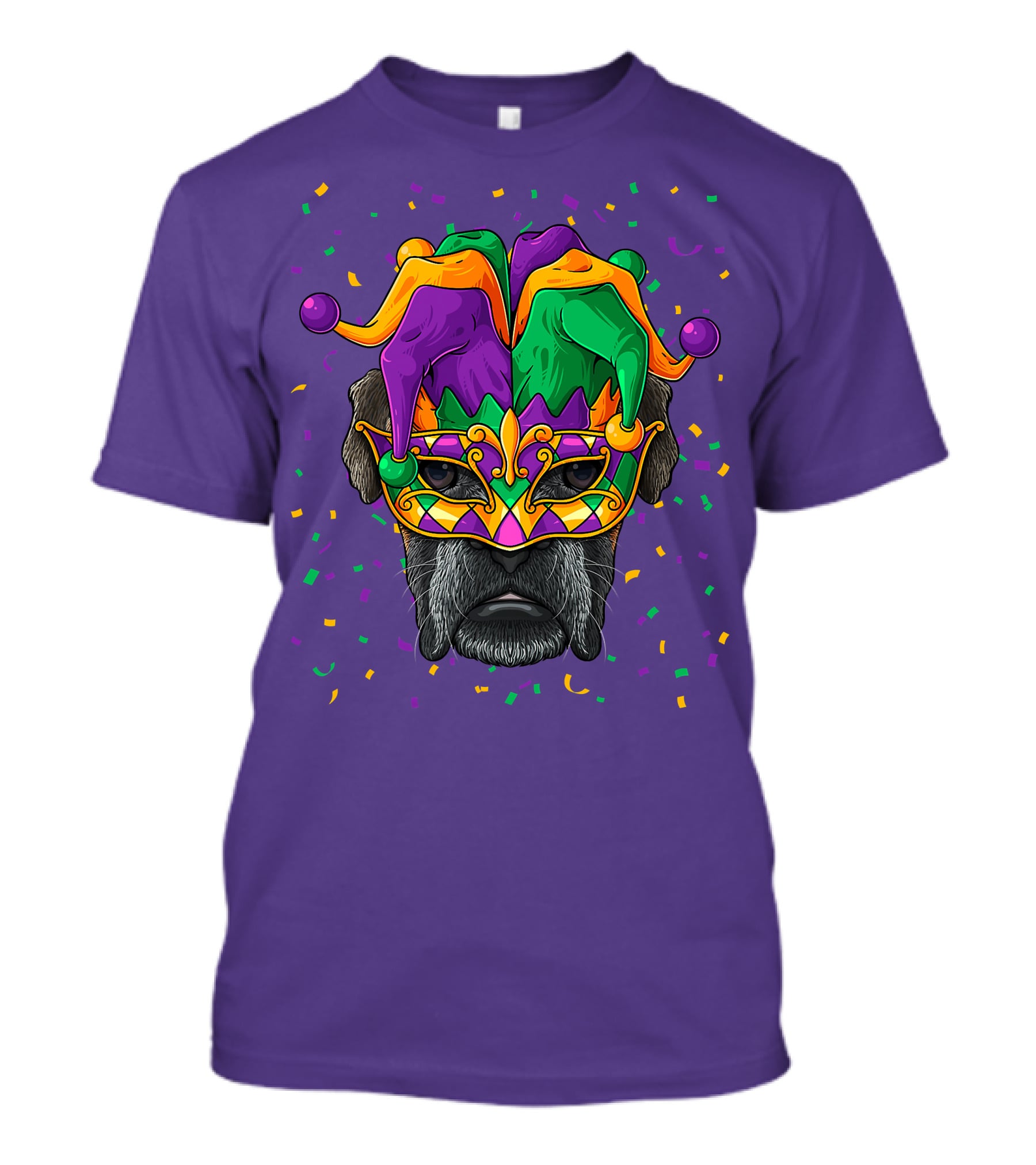 Carnival King Boxer Dog Wearing Jester Mask With Confetti T-Shirt