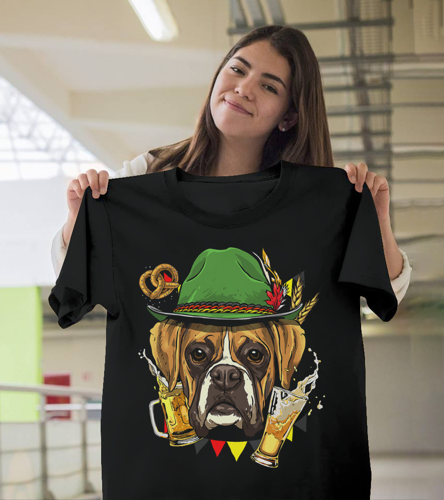 Oktoberfest Boxer Dog Lederhosen Beer Pretzel Hat T-Shirt