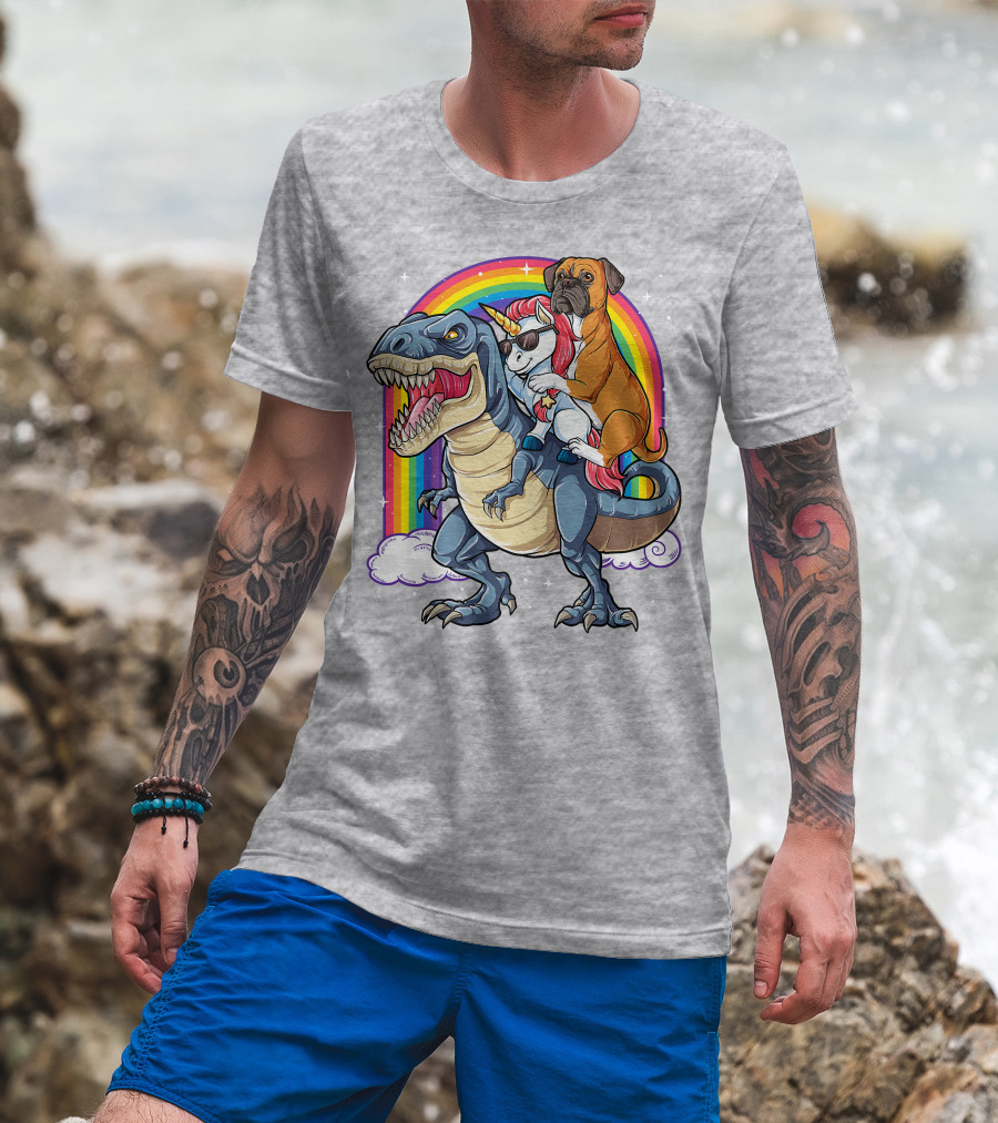 Boxer Riding Dinosaur Unicorn T-Shirt