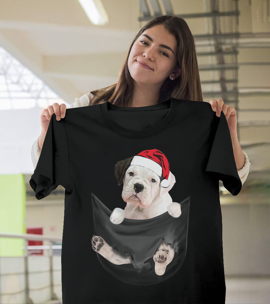 White Boxer Dog Santa Hat Christmas Pocket Mid-Length T-Shirt