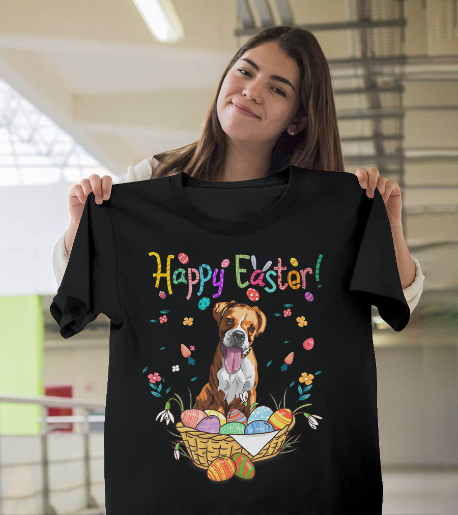 Happy Easter Bunny Boxer Dog in Egg Basket T-Shirt