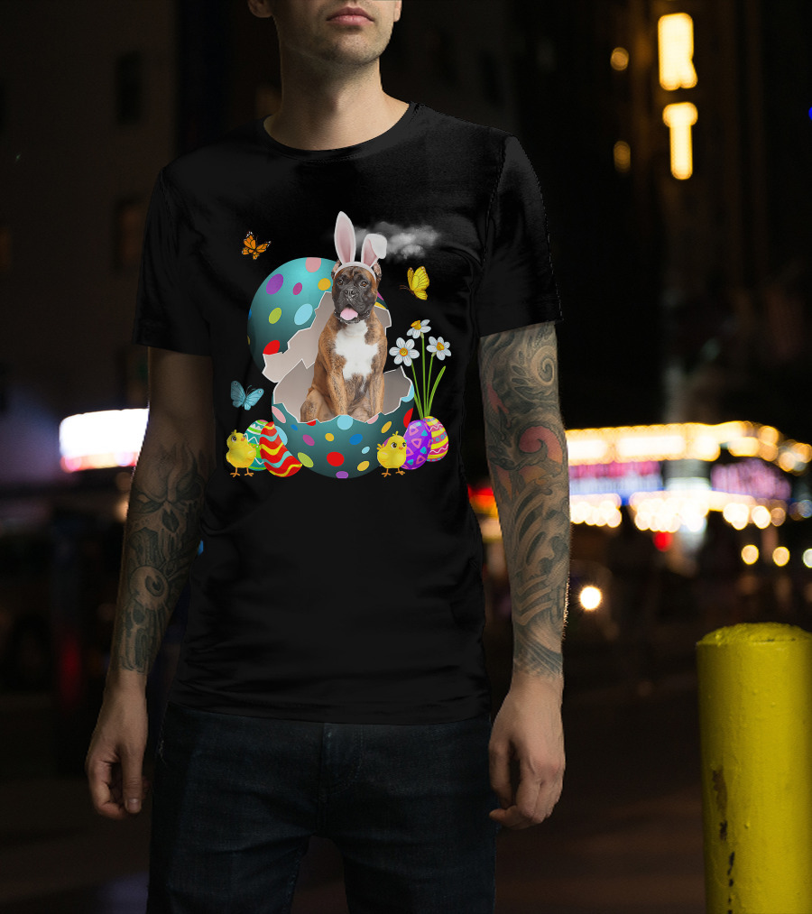 Bunny Boxer Dog With Easter Eggs Chicks Butterflies And Flowers T-Shirt