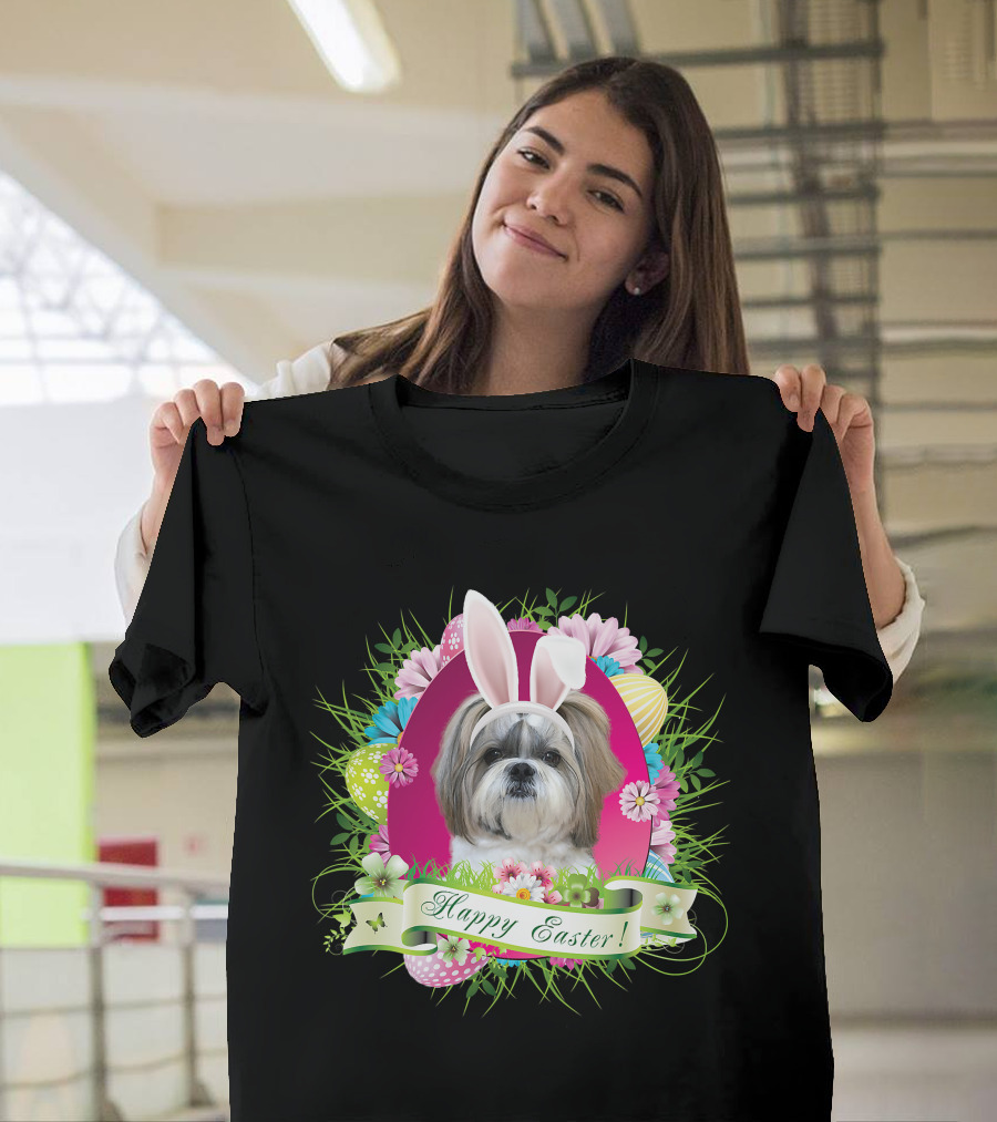 Happy Easter Bunny Shih Tzu Dog with Flowers and Eggs T-Shirt