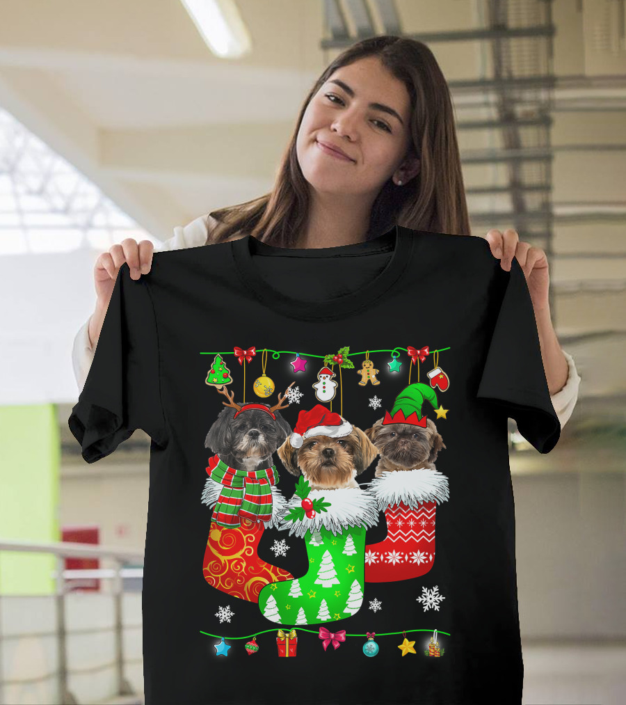 Christmas Shih Tzu Dogs in Festive Holiday Socks Pajama Lover T-Shirt
