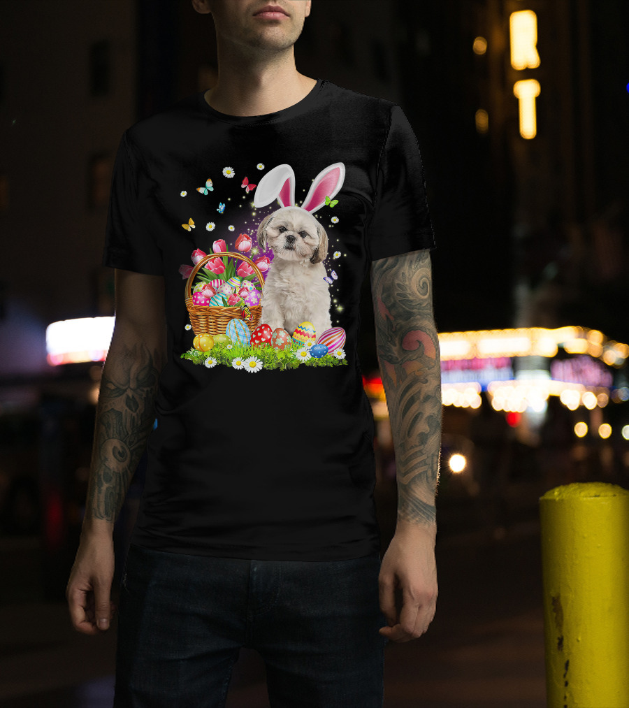 Shih Tzu Bunny Ears With Easter Eggs And Flower Basket T-Shirt