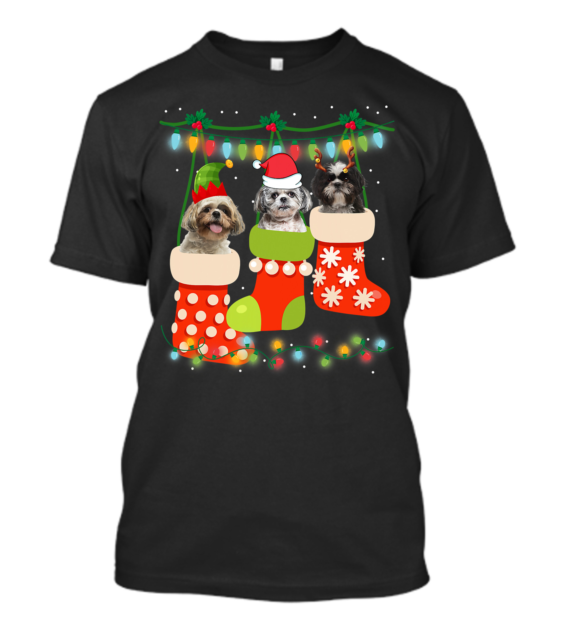 Cute Christmas Shih Tzu In Sock With Santa Hat Reindeer Antlers And Elf Hat T-Shirt
