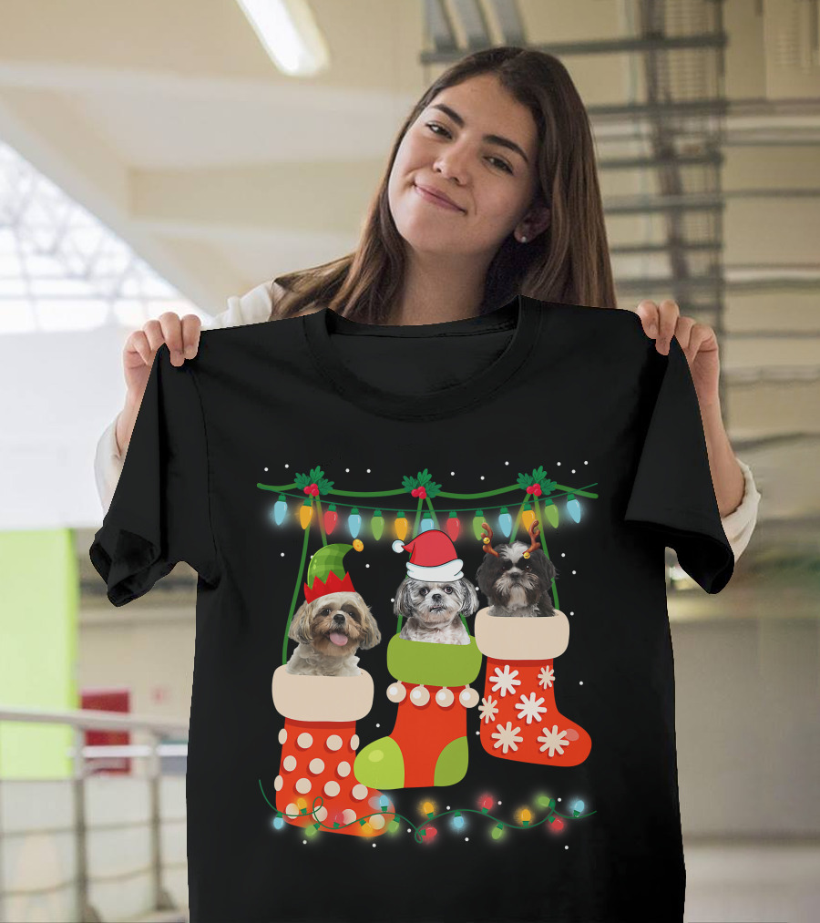 Cute Christmas Shih Tzu In Sock With Santa Hat Reindeer Antlers And Elf Hat T-Shirt