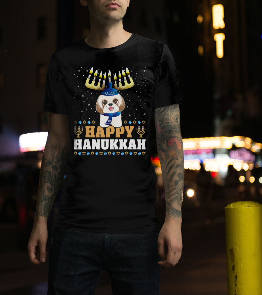 Cute Menorah Chanukah Funny Shih Tzu Happy Hanukkah T-Shirt
