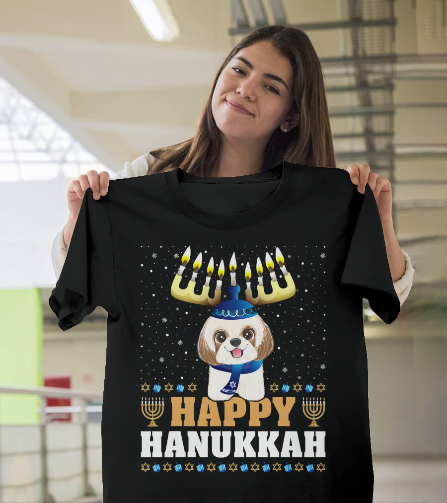 Cute Menorah Chanukah Funny Shih Tzu Happy Hanukkah T-Shirt