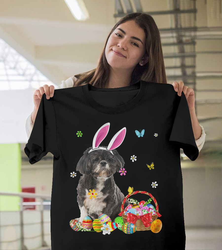 Shih Tzu Happy Easter Dog Lover Bunny Ears and Easter Egg Basket T-Shirt