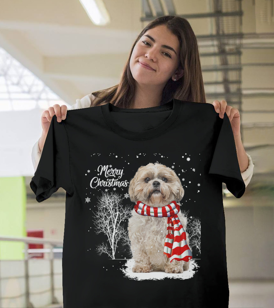 Shih Tzu Christmas Puppy Dog Lover Family Mat With Festive Scarf Snowflakes And Winter Trees T-Shirt