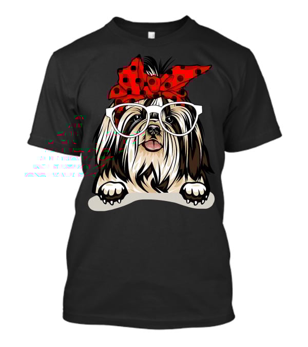 Shih Tzu Christmas Red Plaid Headband Glasses T-Shirt