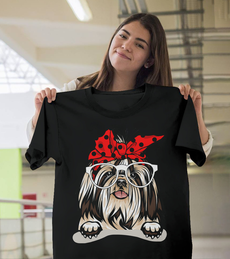 Shih Tzu Christmas Red Plaid Headband Glasses T-Shirt