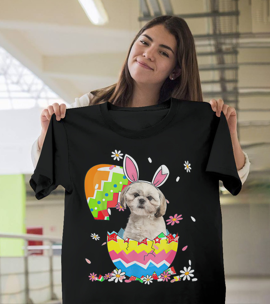 Shih Tzu Dog in Colorful Easter Egg with Bunny Ears and Flowers T-Shirt